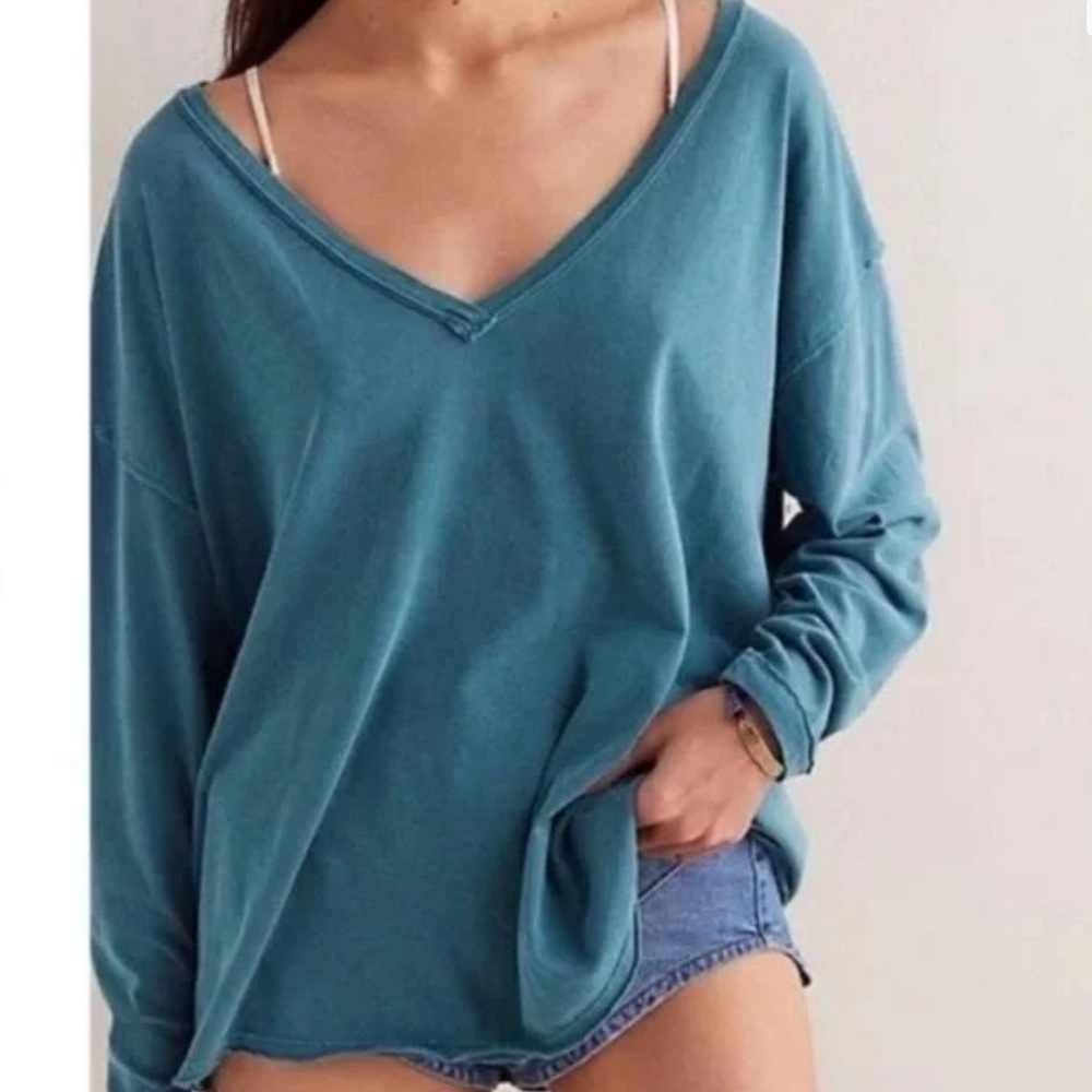 Free People We The Free Nina V-Neck Long Sleeve Tee NWT Harbor Teal XS S M